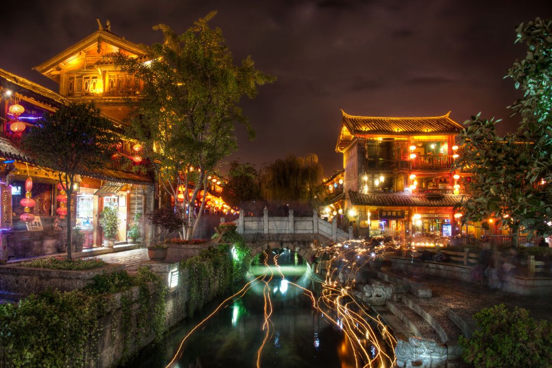 Обои Лиджанга, город, ночь, отражение, городок в разрешении 4000x2662