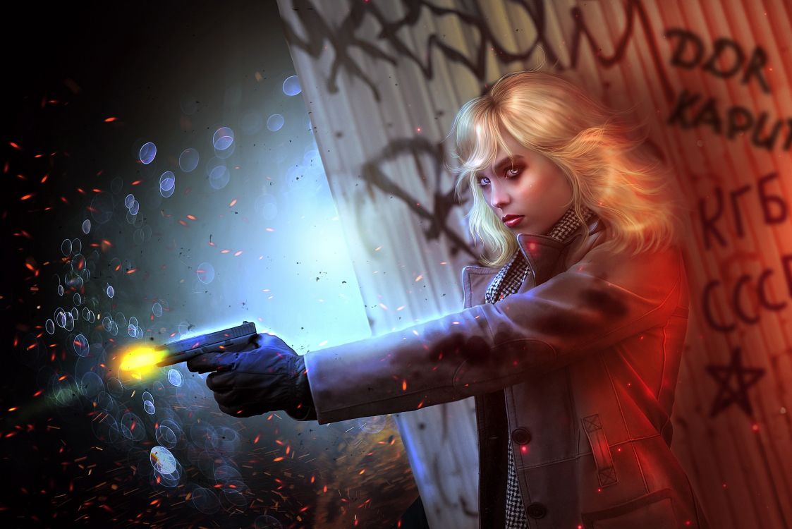 Обои Шарлиз Терон, Атомная Блондинка, Лорейн Бротон, арт, свет в разрешении 3000x2002