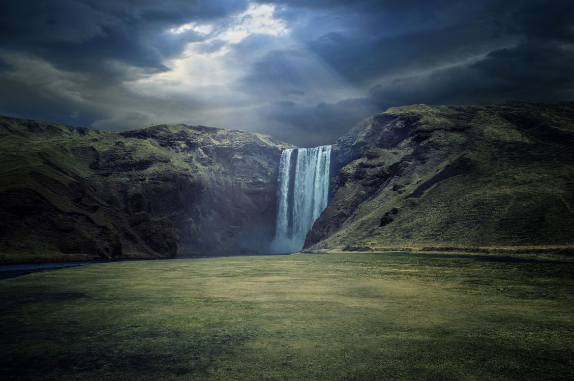 Обои Skgafoss, водопад, природа, водоем, гидроресурсы в разрешении 2560x1700