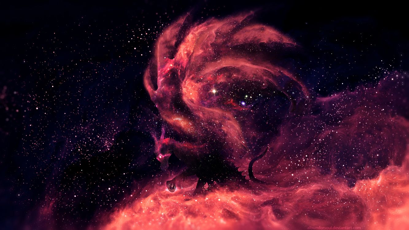 Обои дракон, фэнтези, туманность, космическое пространство, астрономический объект в разрешении 5333x3000