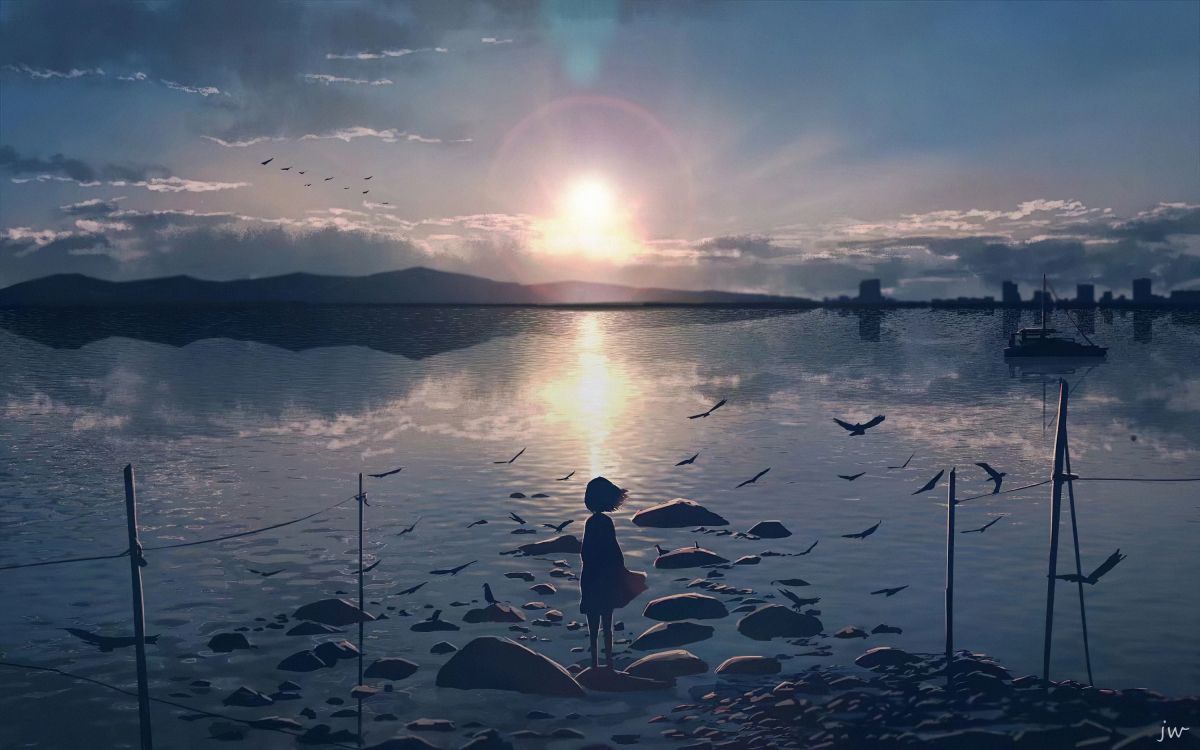 Обои одинокое аниме, аниме, цифровое искусство, вода, облако в разрешении 3000x1875