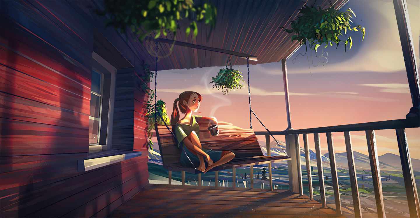 Обои девушка пьет кофе, кофе, артист, цифровое искусство, арт в разрешении 3840x2000