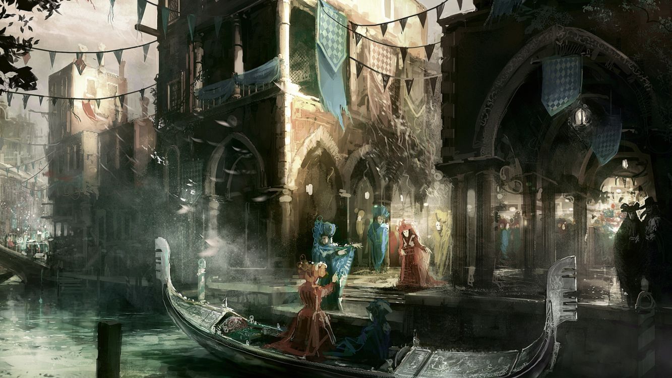 Обои ассассинс Крид II, Эцио Аудиторе, гондола, ассассинс Крид братство, убийца в разрешении 2560x1440