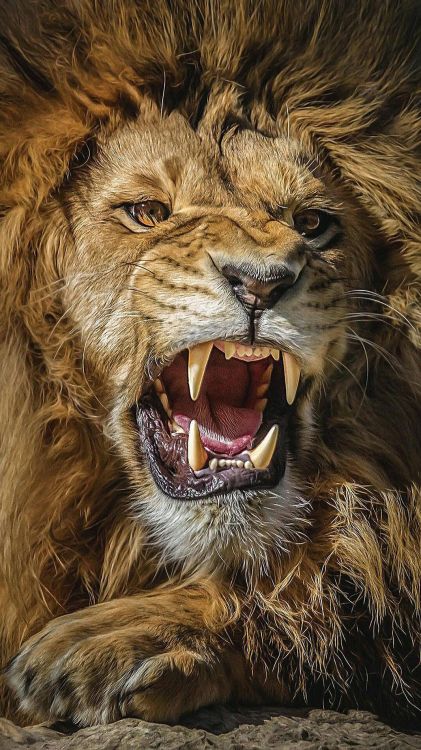 Обои Лев, рев, волосы, голова, клык в разрешении 1070x1902