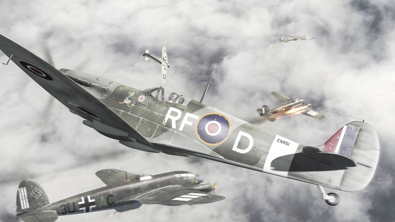 Обои супермарин спитфайр, Мессершмитт bf 109, самолеты, самолет, военный самолет в разрешении 2560x1440
