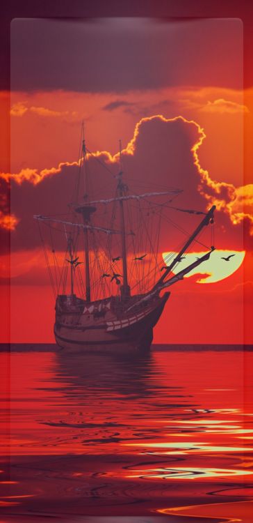 Обои корабль в море на красном восходе солнца, корабль, парусник, вода, облако в разрешении 1080x2220