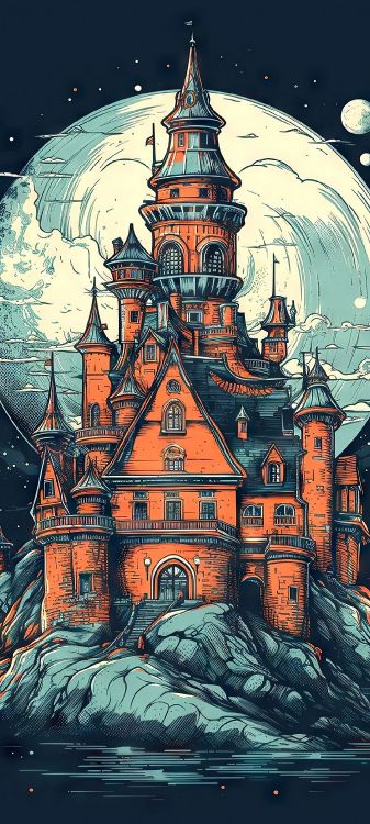 Обои средневековая архитектура, арт, архитектура, визуальное искусство, рисование в разрешении 1080x2400