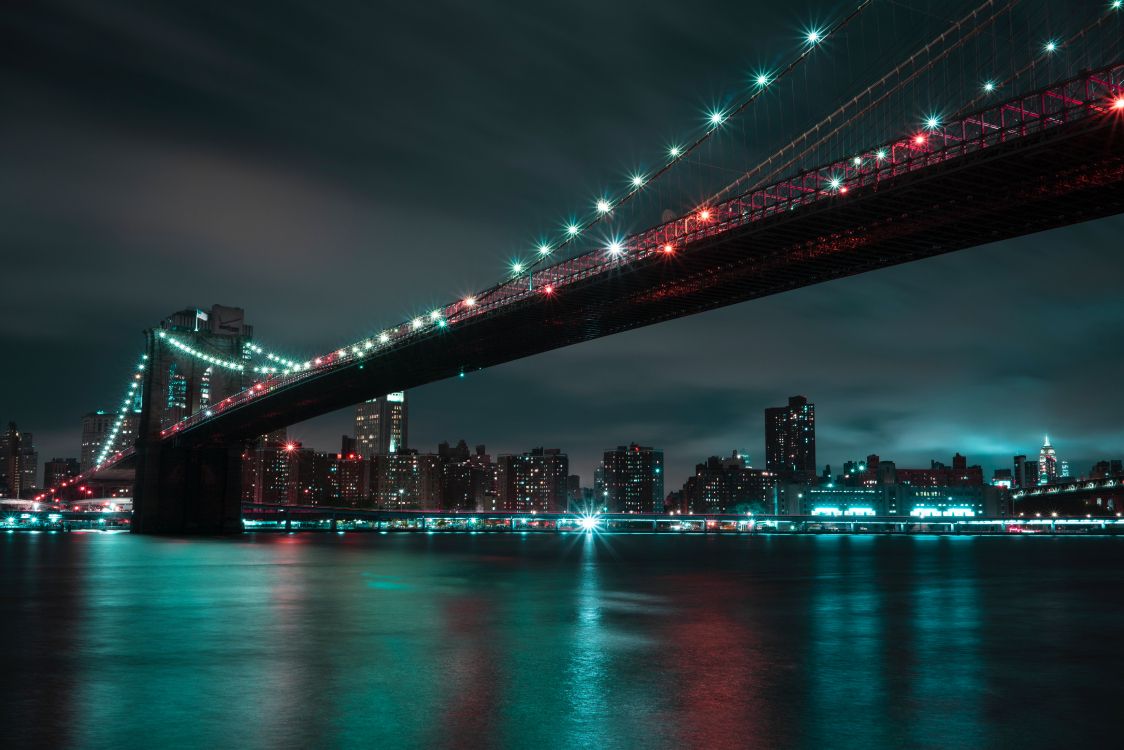 Обои Бруклинский мост, ночь, городской пейзаж, город, мост в разрешении 7952x5304