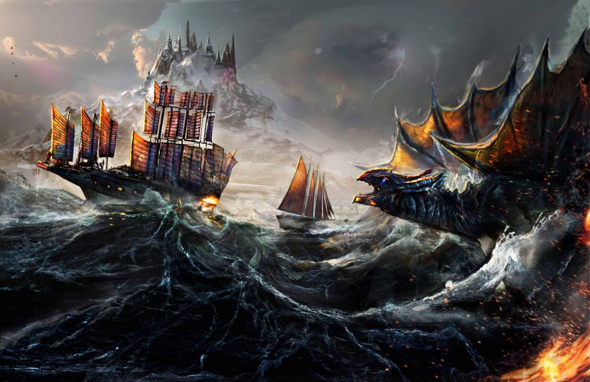 Обои корабль бой, корабль, дракон, арт, стратегии видео игры в разрешении 5100x3300