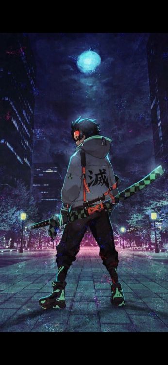 Обои Танджиро Камадо, Гий Томиока, убийца демонов kimetsu no yaiba, фан арт, зеницу агацума в разрешении 1080x2340