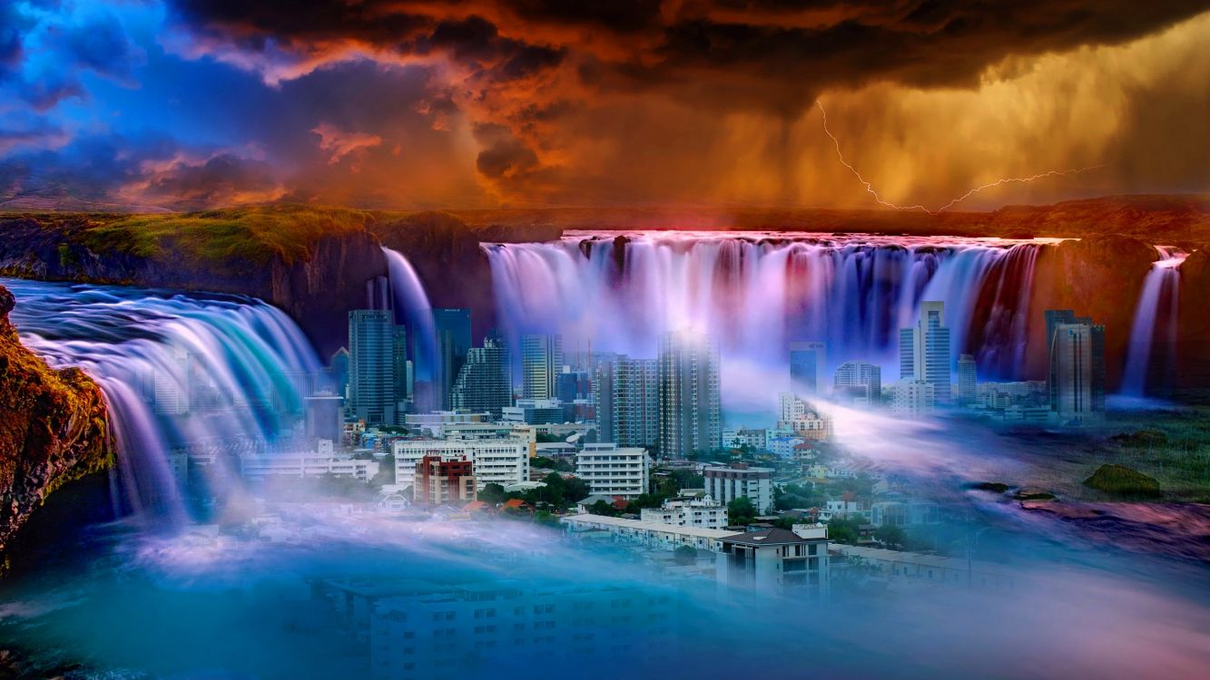 Обои водопад, город, природа, вода, гидроресурсы в разрешении 2560x1440