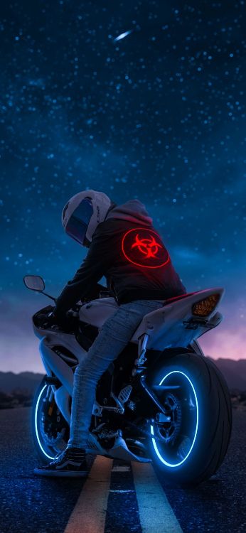 Обои велопробег, мотоцикл, мотоциклетный шлем, мотоспорт, Кавасаки ниндзя в разрешении 1407x3045