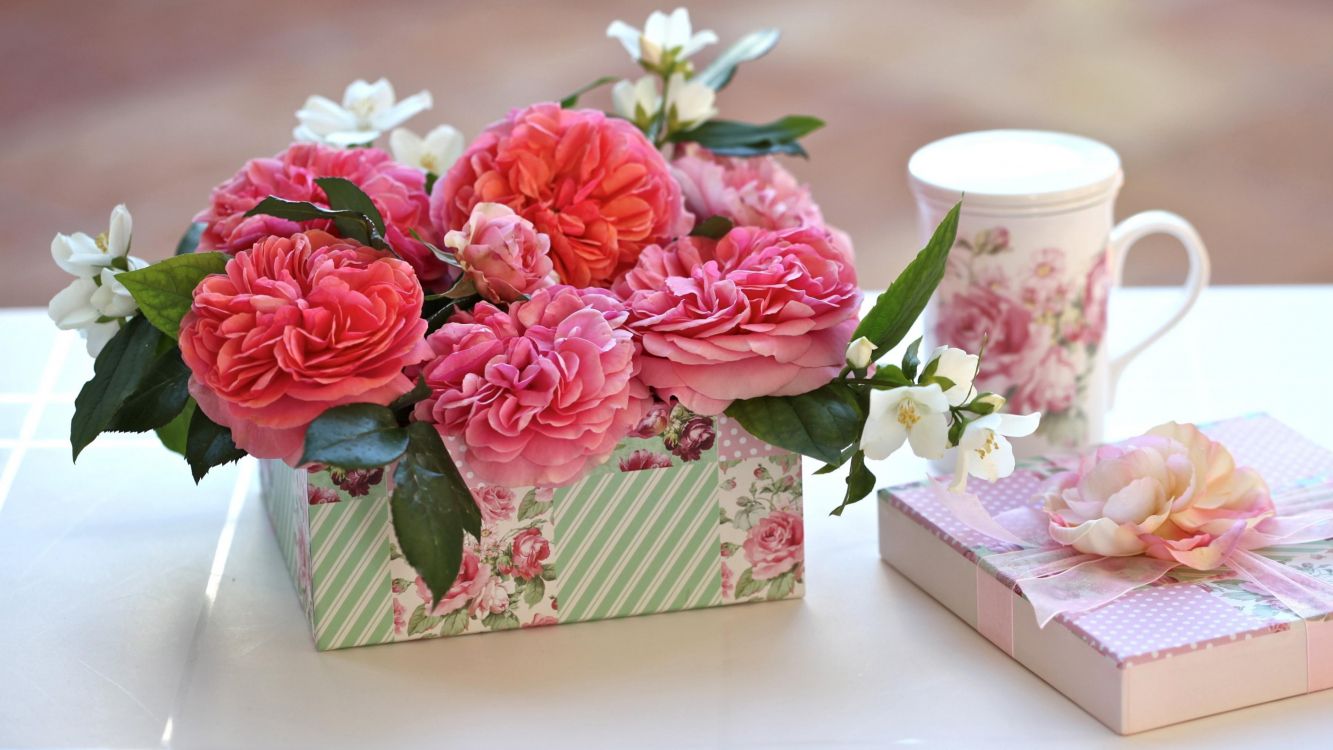Обои подарок, цветочный букет, розовый, срезанные цветы, Роза в разрешении 3840x2160