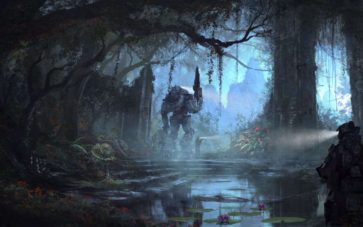 Обои titanfall, респаун развлечения, electronic arts, лес, дерево в разрешении 2880x1800