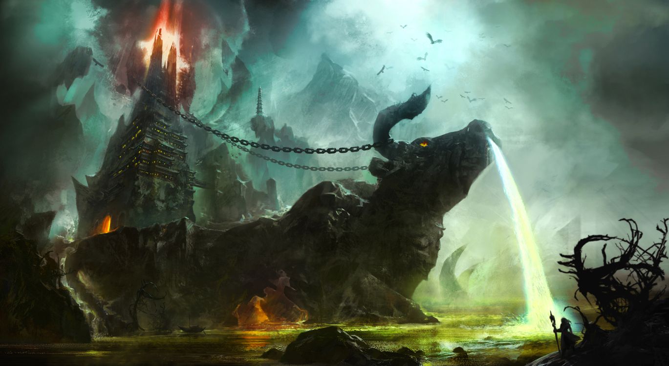 Обои арт, цифровое искусство, концепт арт, компьютерная игра, дракон в разрешении 2738x1500
