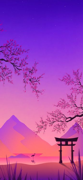 Обои живопись, акриловая краска, тории, рисование, атмосфера в разрешении 1080x2340