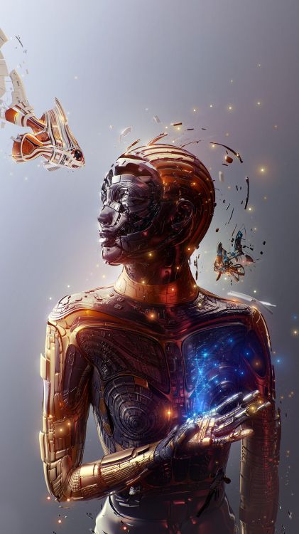 Обои освещение, скульптура, арт, статуя, сундук в разрешении 1152x2048