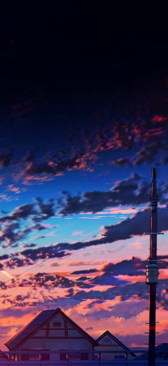 Обои синий оранжевый аниме закат, аниме, рукав, мультфильм, ночь в разрешении 1200x2600