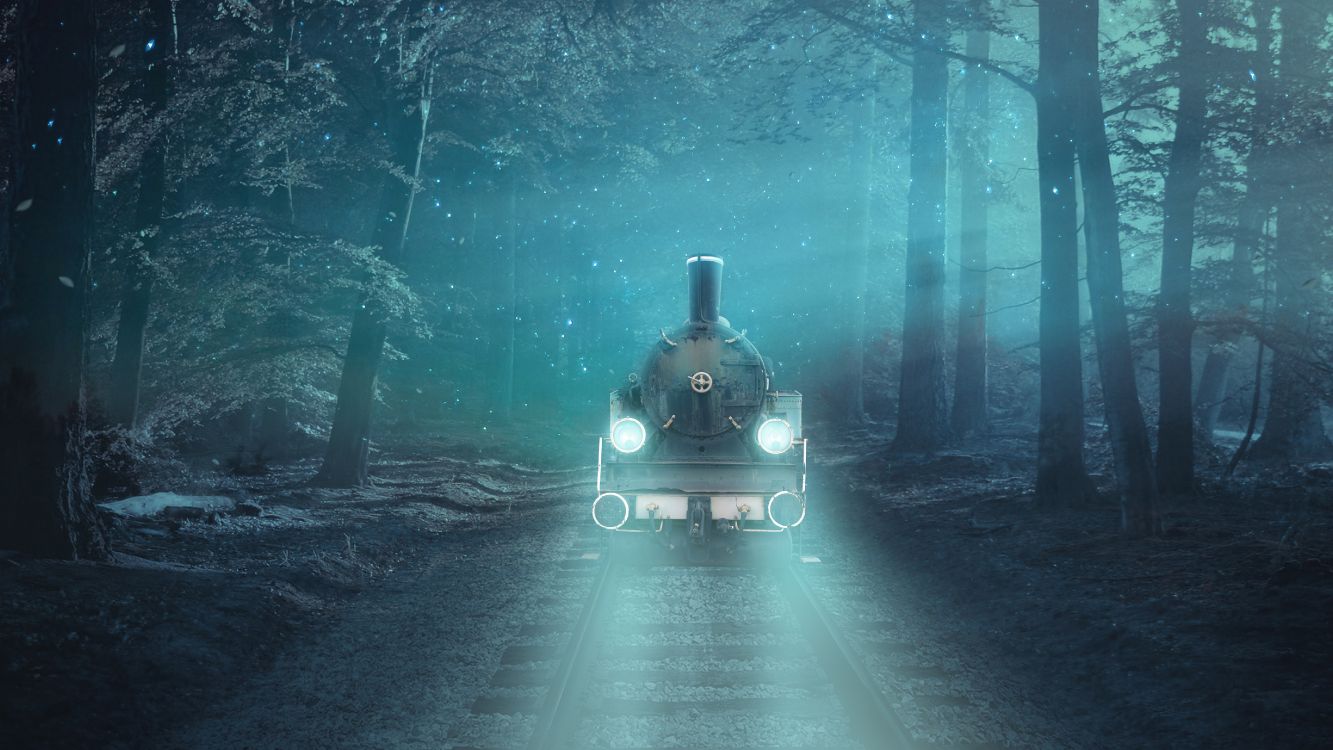 Обои фантастический поезд, поезд, атмосфера, растение, автомобильное освещение в разрешении 5120x2880
