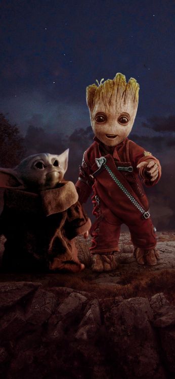 Обои Грут, Грогу, кошачьих, арт, олененок в разрешении 1290x2796