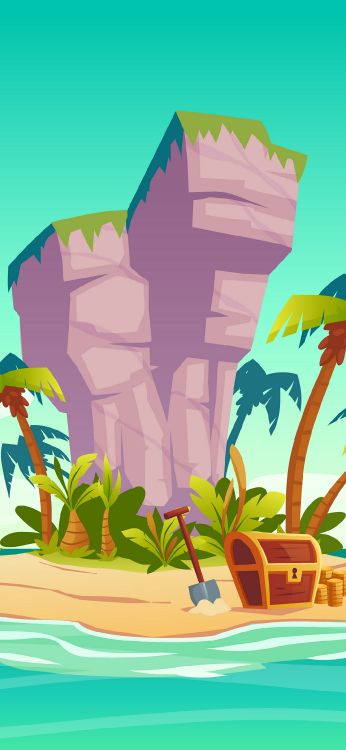 Обои пиратский корабль на острове мультфильм, пиратство, векторная графика, корабль, Остров в разрешении 1080x2340