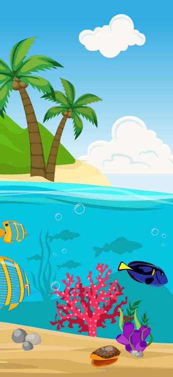 Обои мультфильм, море, иллюстрация, лист, древесные растения в разрешении 1080x2340