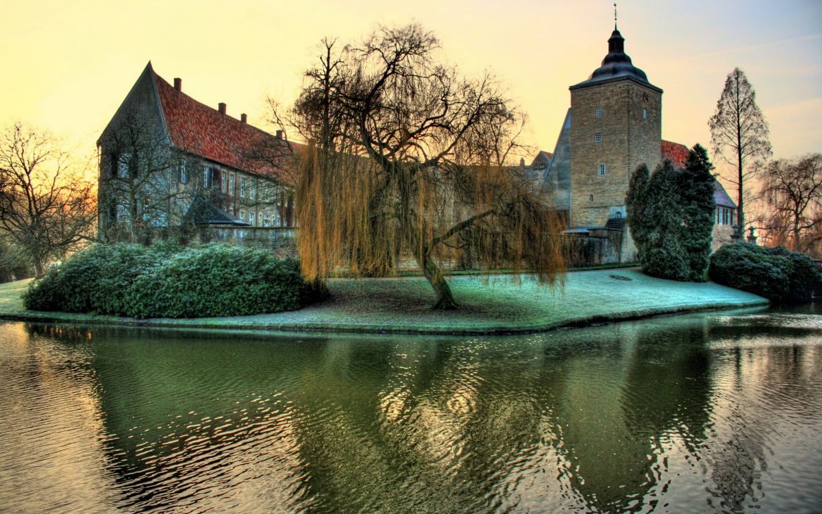 Обои замок, водный замок, вода, отражение, водный путь в разрешении 2880x1800