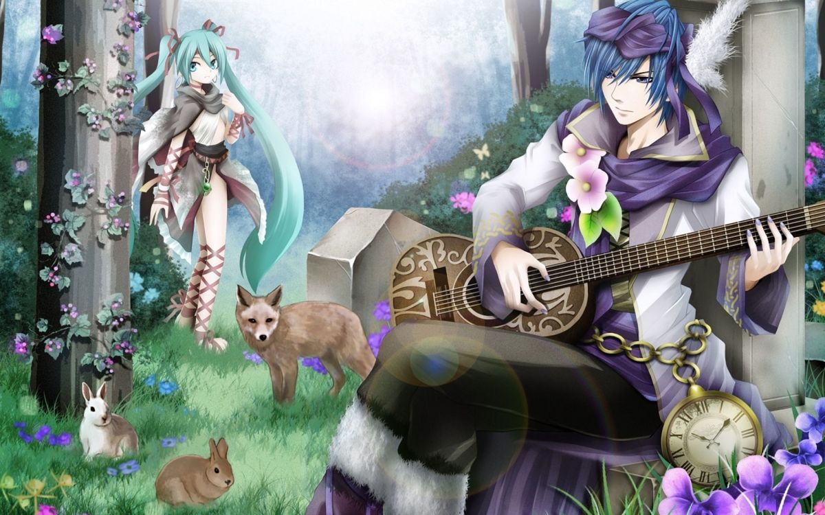 Обои Хацунэ Мику, кайто, вокалоид, иллюстрация, пурпур в разрешении 1920x1200