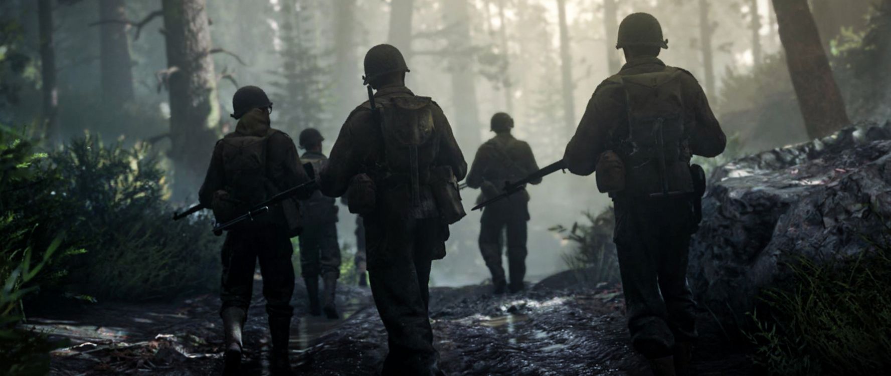 Обои Call of Duty WWII, call of duty world at war, activision, лес, пехотинцы в разрешении 2560x1080