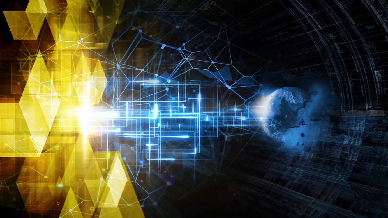 Обои геометрия, треугольник, космос, абстракция, свет в разрешении 2560x1441