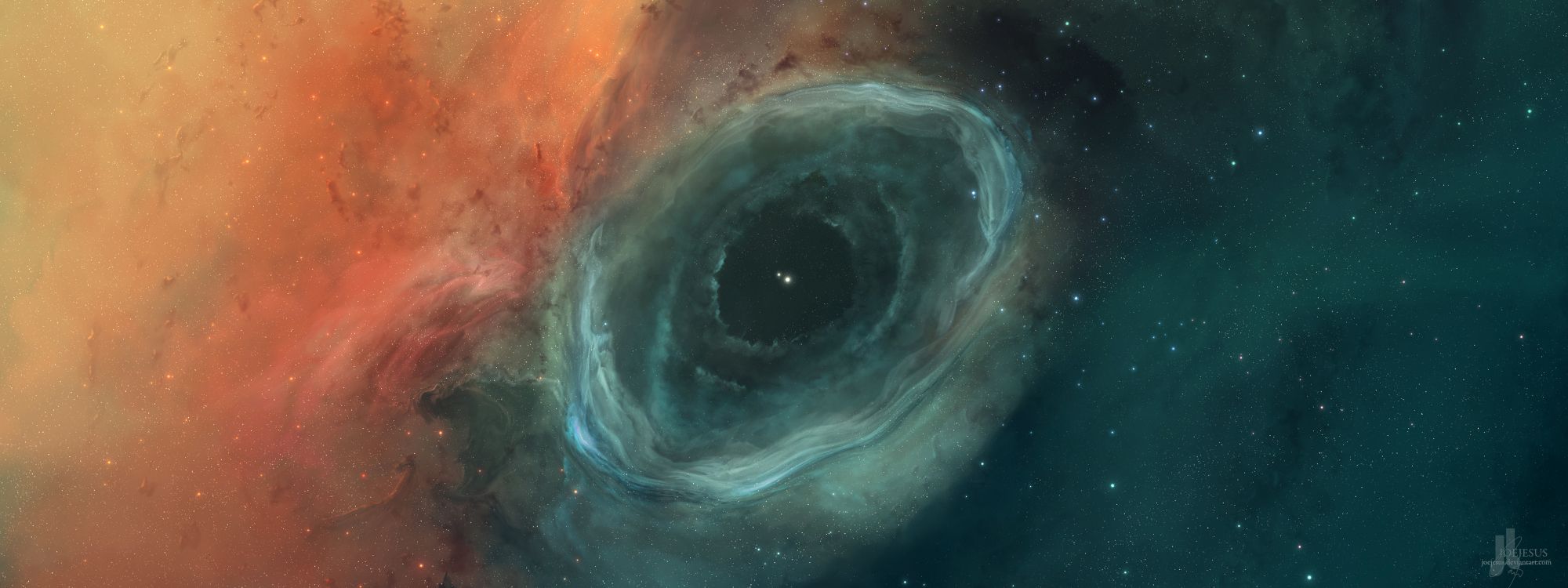 Обои космос, туманность, космическое пространство, атмосфера, яблоко в разрешении 5120x1920