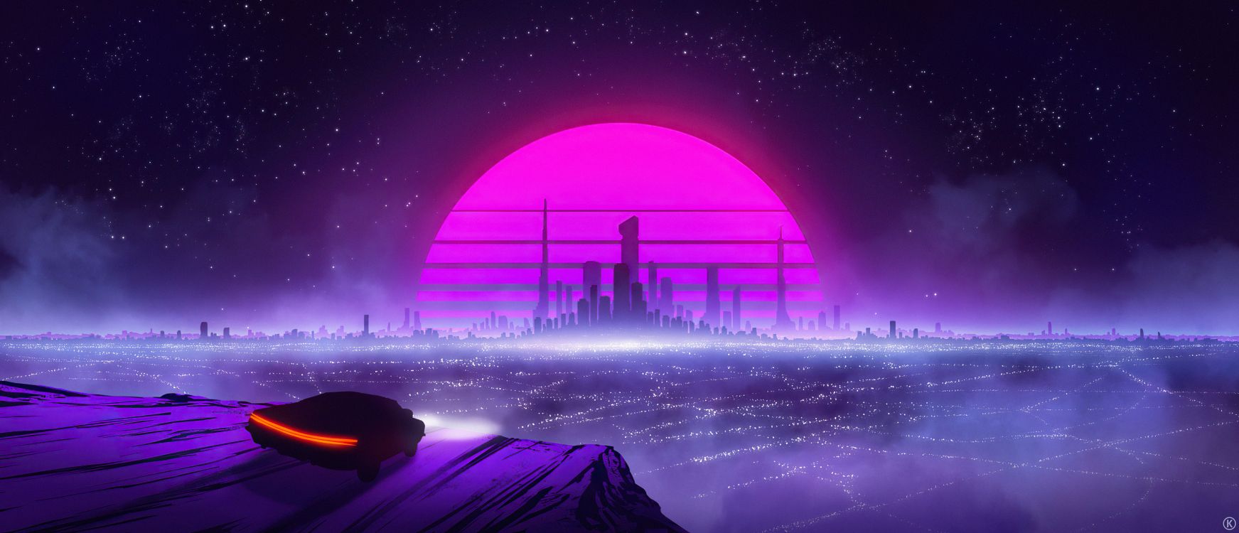 Обои Ретровейв, атмосфера, арт, вода, здание в разрешении 4650x2000