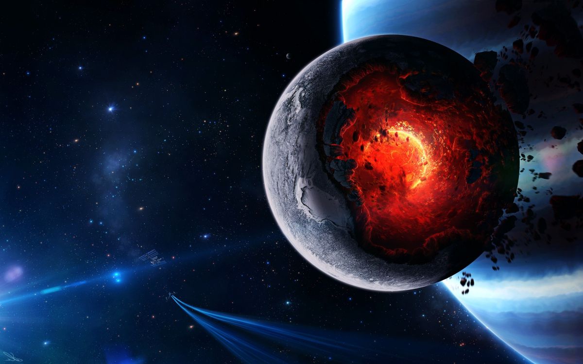 Обои уничтожение планеты, земля, планета, космическое пространство, астрономический объект в разрешении 1920x1200