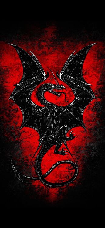 Обои темнота, дракон, арт, мультфильм, красный цвет в разрешении 1080x2340